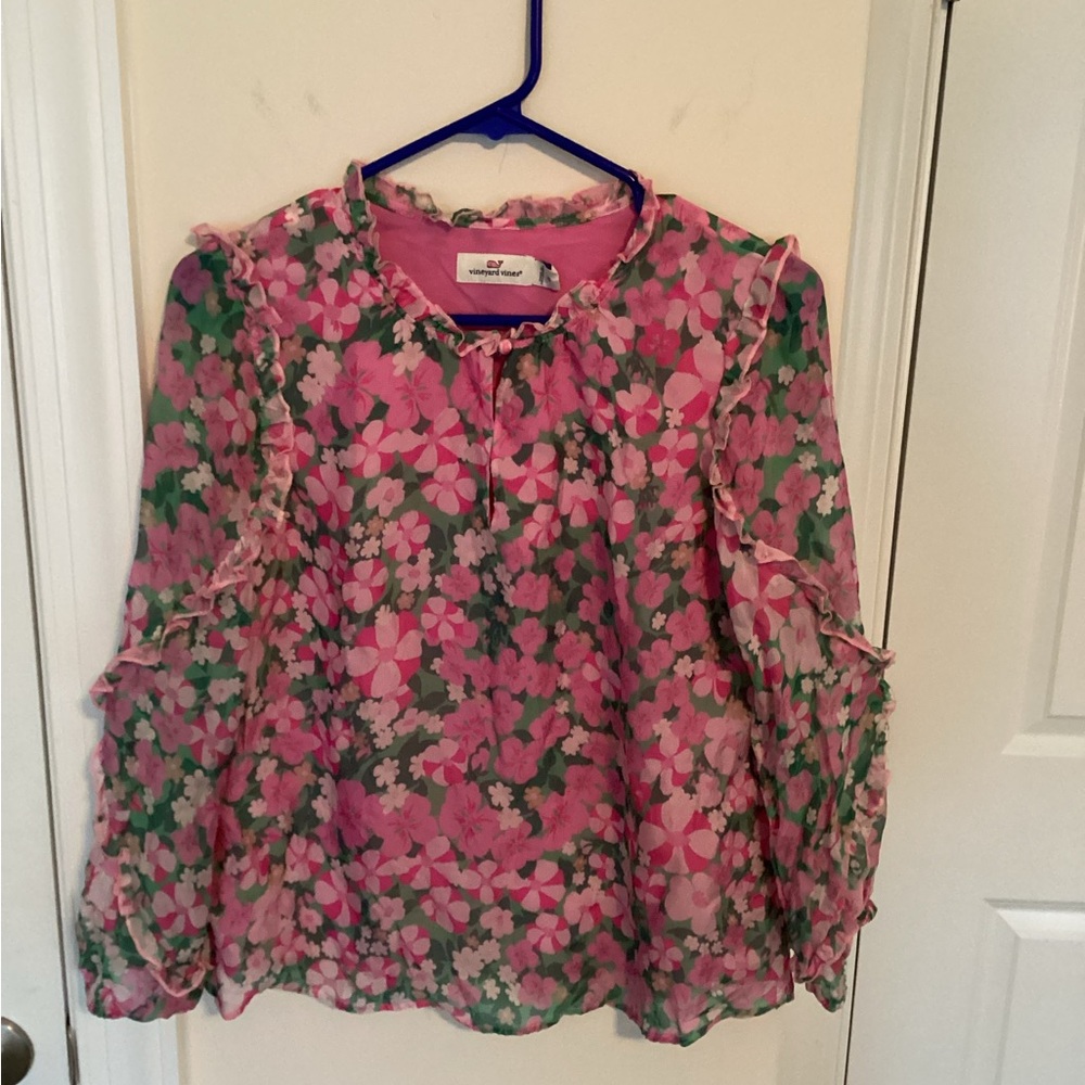 Vineyard Vines Montauk Daisy Print Ruffle Trim Top, Pink and green floral, XS